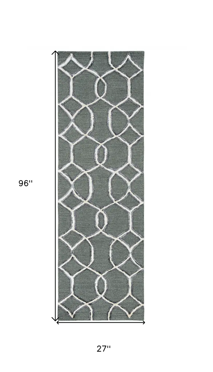 8' Gray Wool Geometric Hand Tufted Runner Rug