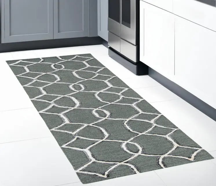 8' Gray Wool Geometric Hand Tufted Runner Rug