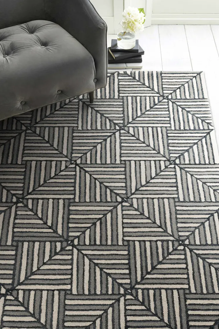 8' Charcoal Wool Geometric Hand Tufted Runner Rug