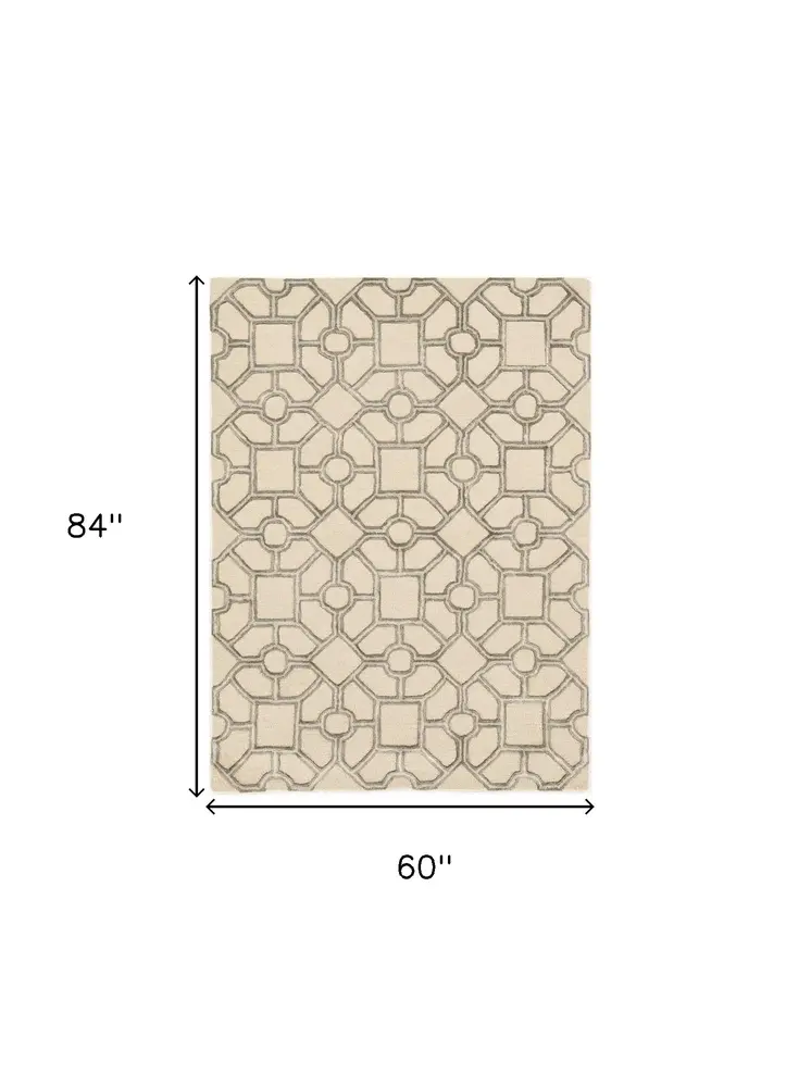 5' X 7' Beige Ivory and Brown Wool Geometric Hand Tufted Area Rug