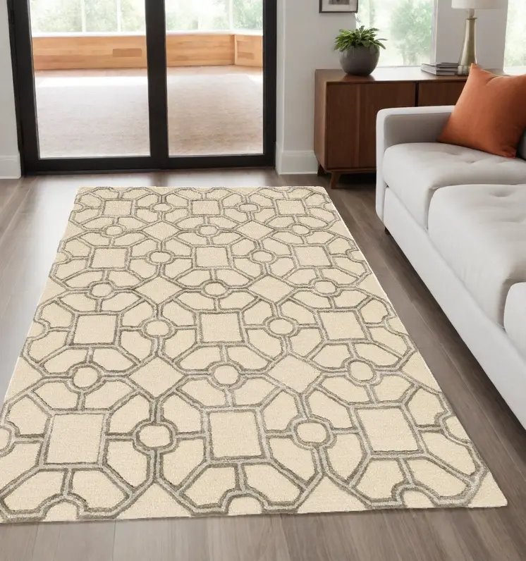 5' X 7' Beige Ivory and Brown Wool Geometric Hand Tufted Area Rug