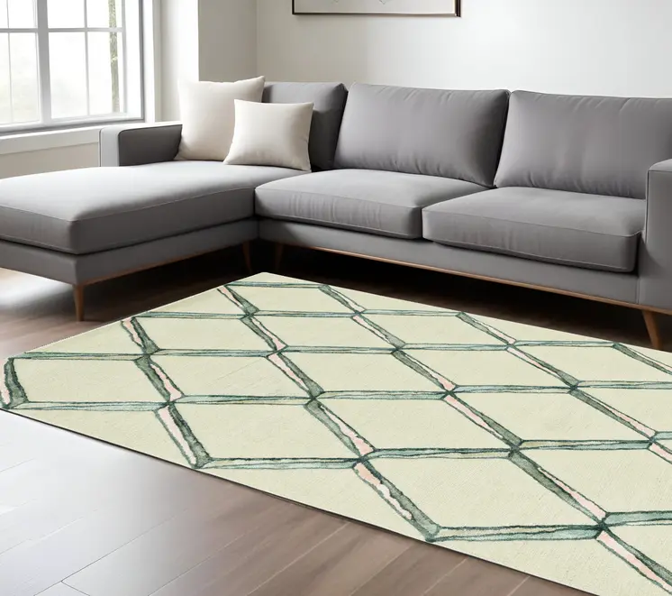 12' X 15' Cream Wool Geometric Hand Tufted Area Rug