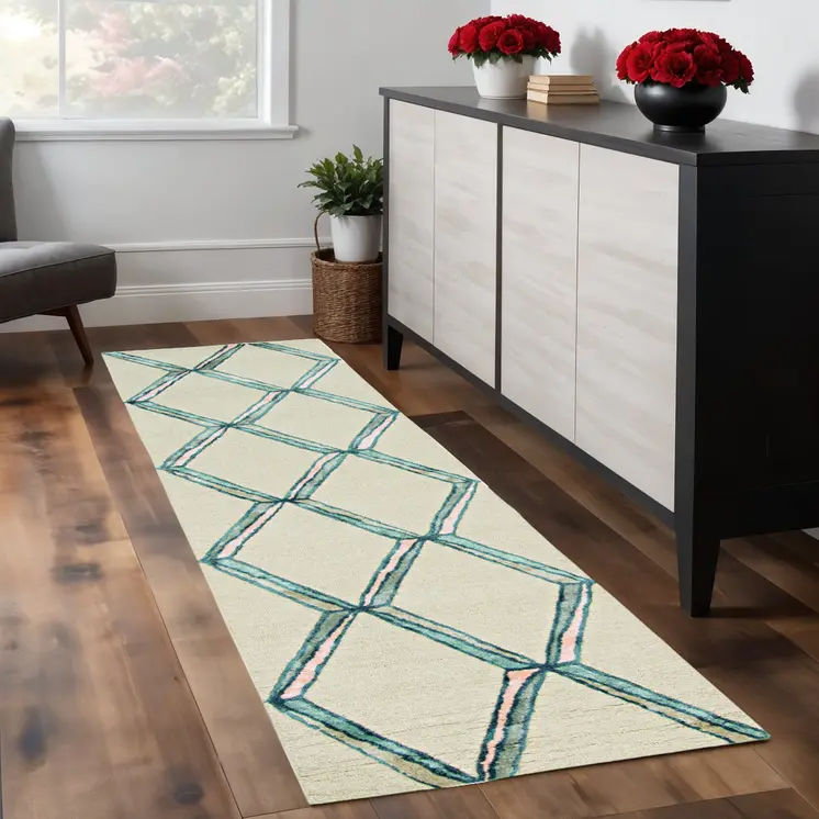 8' Cream Wool Handmade Runner Rug