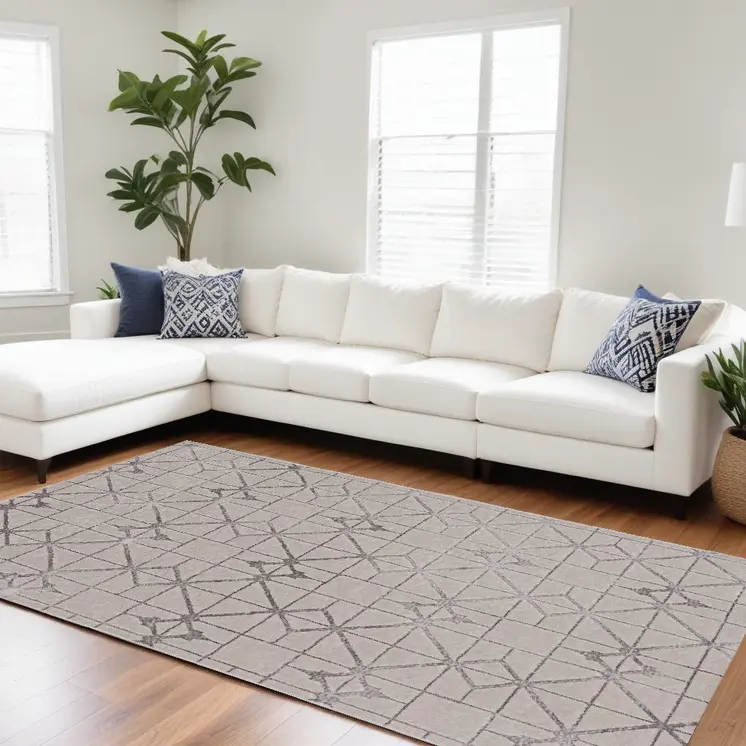 8' X 11' Ivory And Silver Geometric Area Rug