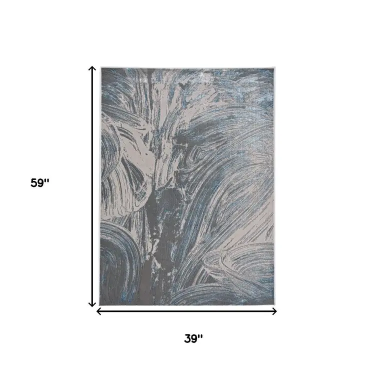 3' X 5' Silver Or Blue Abstract Brushstrokes Area Rug