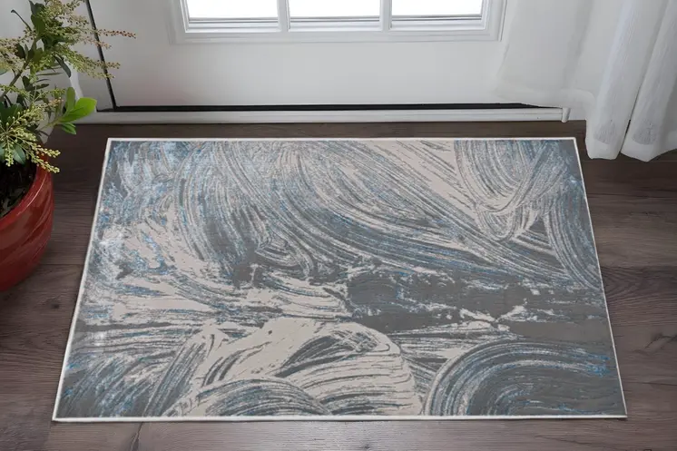 3' X 5' Silver Or Blue Abstract Brushstrokes Area Rug