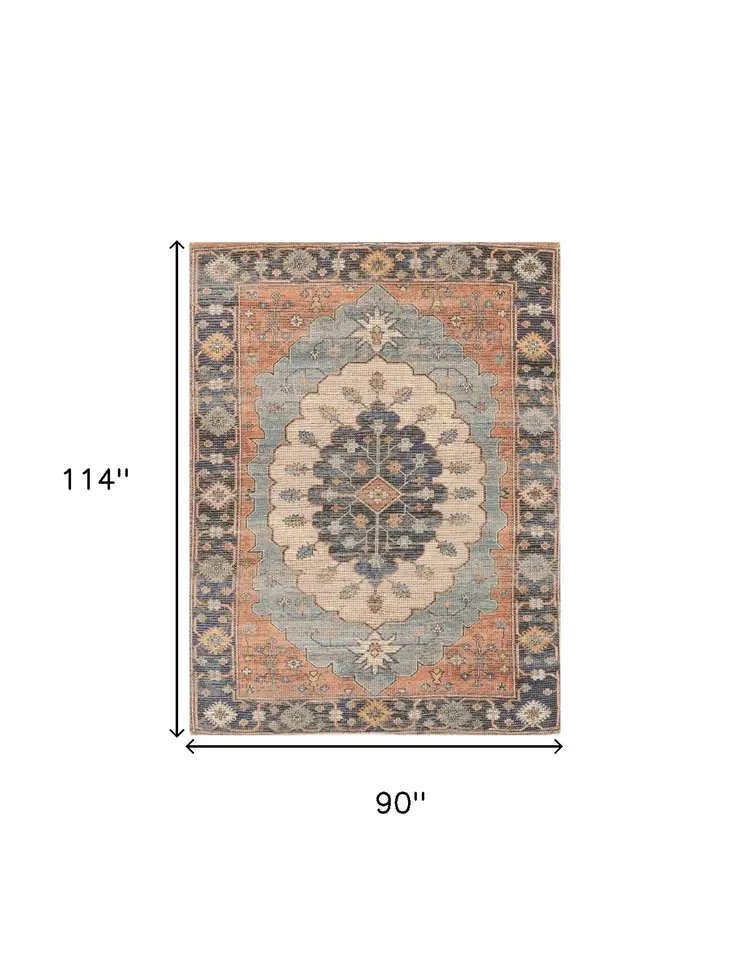 8' X 10' Blue And Orange Medallion Hand Woven Distressed Area Rug