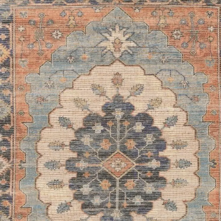 8' X 10' Blue And Orange Medallion Hand Woven Distressed Area Rug
