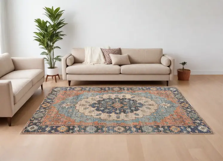 9' X 12' Blue Jute Medallion Hand Woven Area Rug