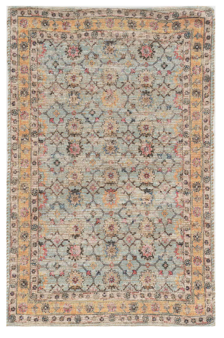 2' X 4' Blue and Orange Floral Hand Woven Area Rug
