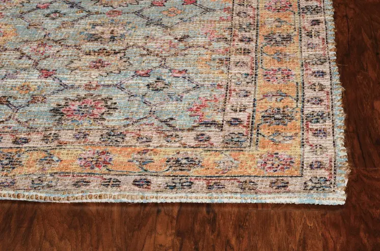 2' X 4' Blue and Orange Floral Hand Woven Area Rug