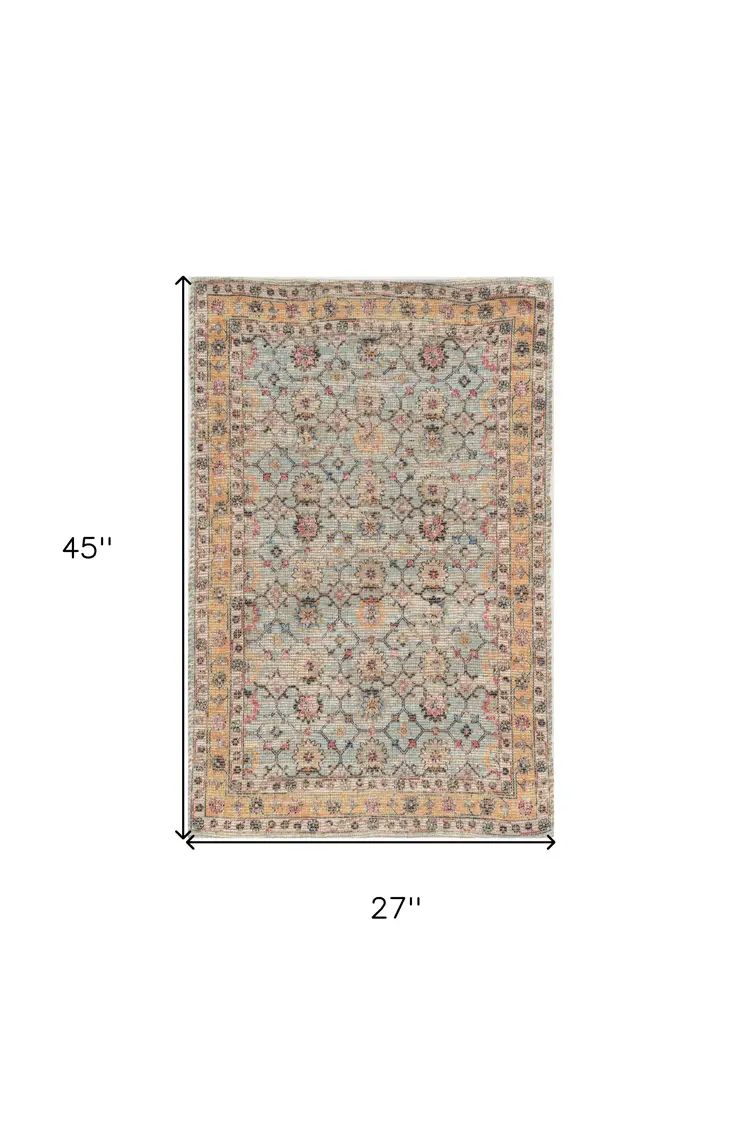 2' X 4' Blue and Orange Floral Hand Woven Area Rug