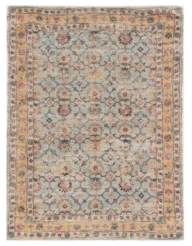 5' X 7' Green And Ivory Jute Floral Hand Woven Area Rug