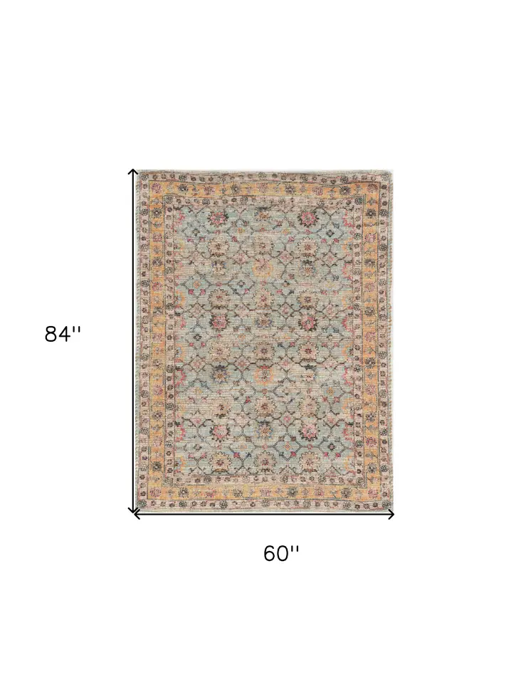 5' X 7' Green And Ivory Jute Floral Hand Woven Area Rug