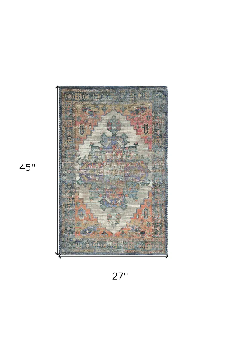 2' X 4' Blue and Ivory Medallion Hand Woven Distressed Area Rug