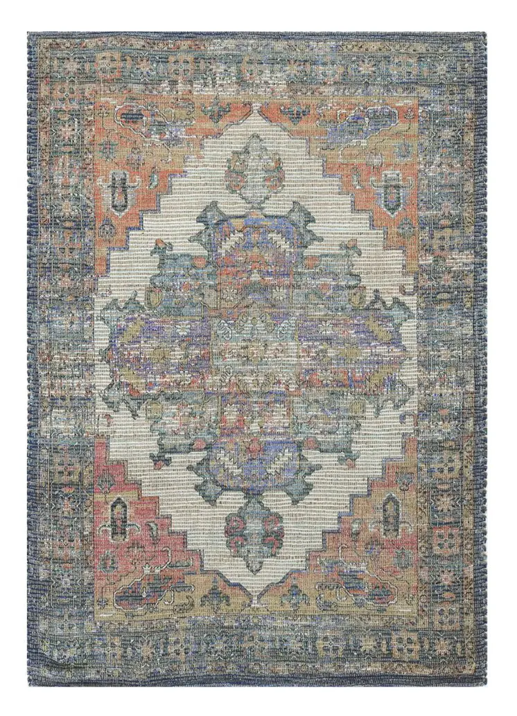 8' X 10' Blue And Orange Medallion Hand Woven Distressed Area Rug