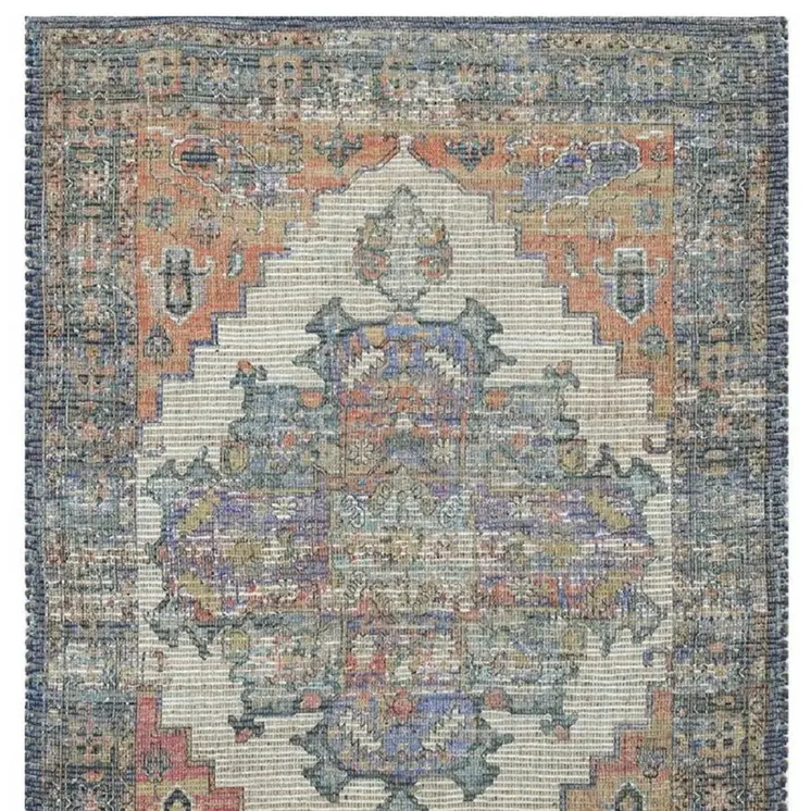 8' X 10' Blue Brick Red And Brown Medallion Hand Woven Distressed Area Rug