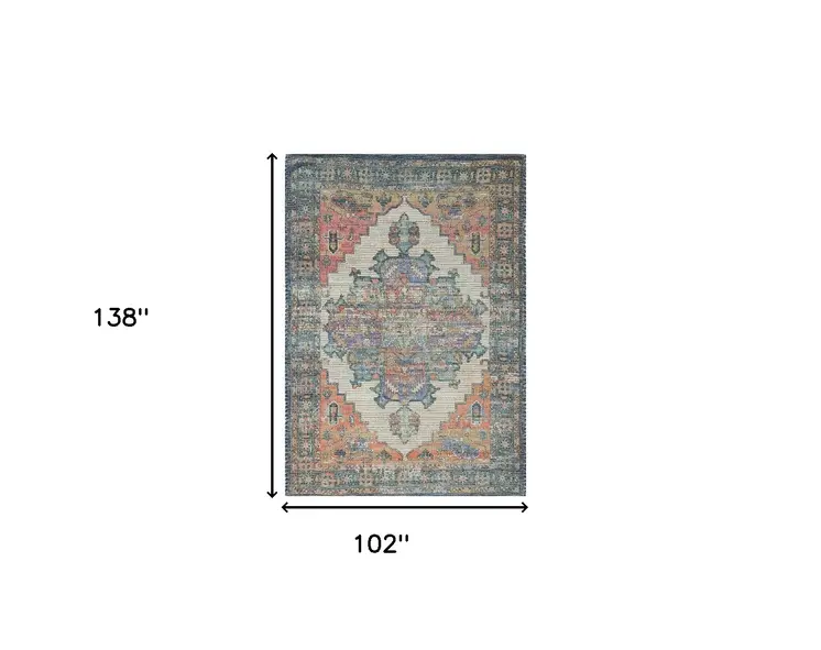 9' X 12' Blue And Orange Jute Medallion Hand Woven Area Rug