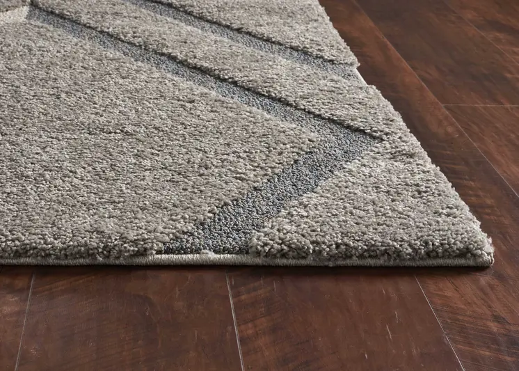 3' X 5' Gray Ivory And Teal Geometric Shag Area Rug