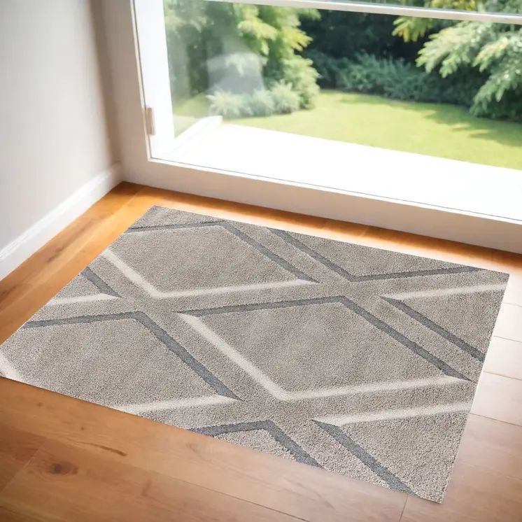 3' X 5' Gray Ivory And Teal Geometric Shag Area Rug