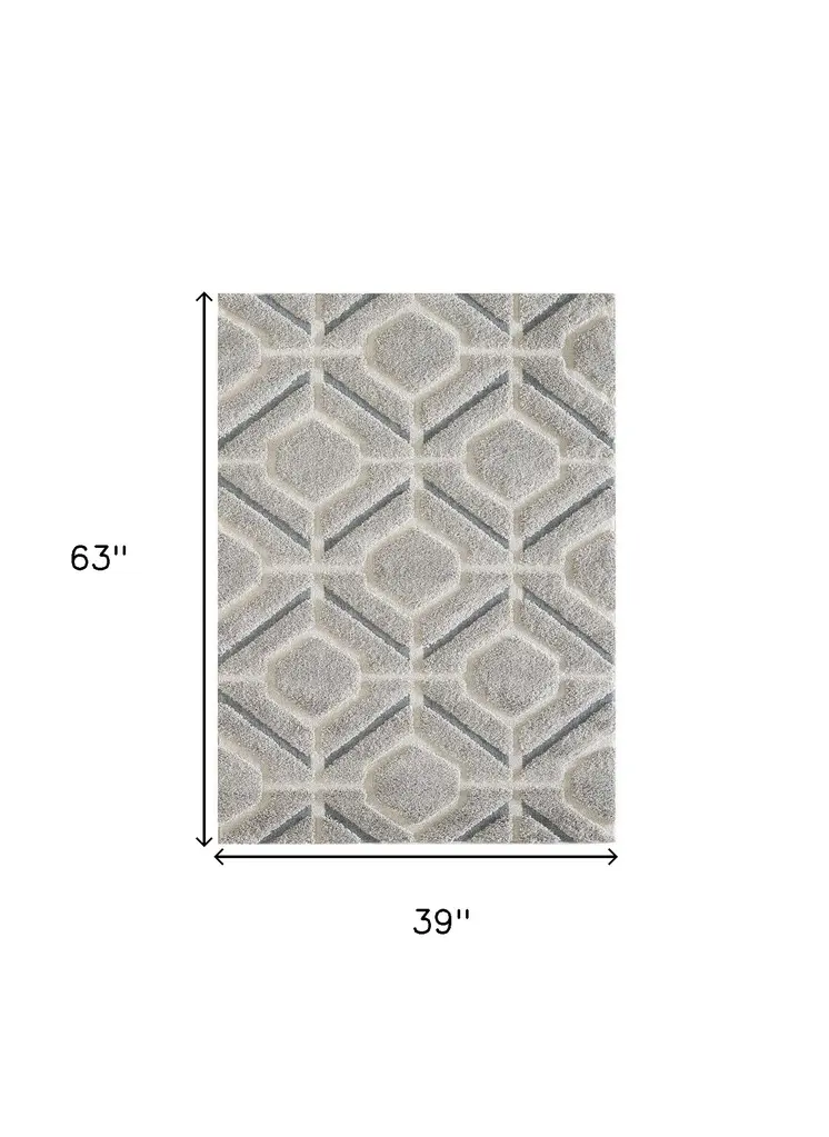 3' X 5' Light Gray Dark Gray And Teal Geometric Shag Area Rug