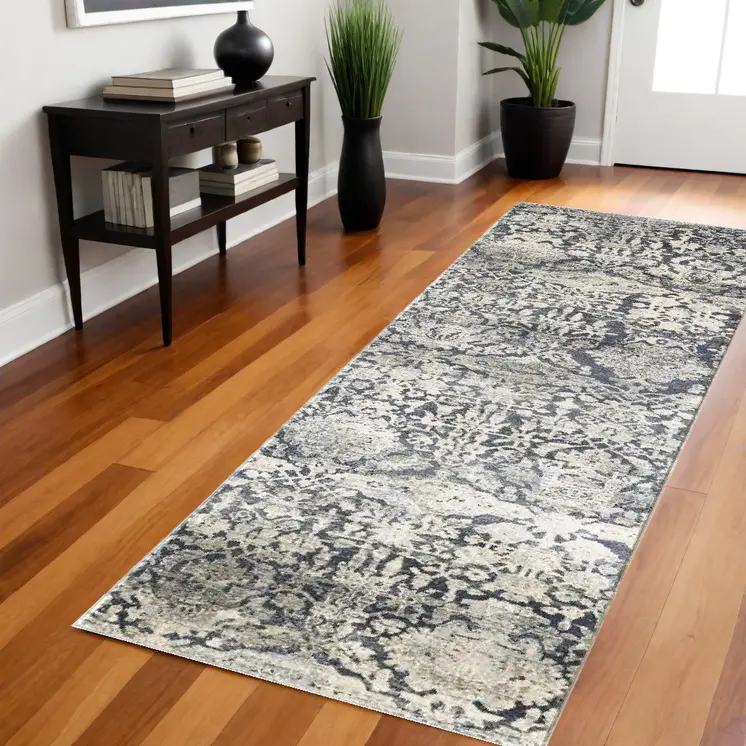8' Gray Floral Runner Rug