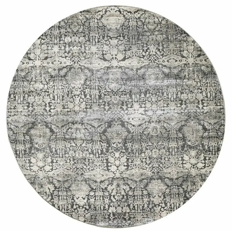 8' Light Gray And Dark Gray Abstract Distressed Round Rug