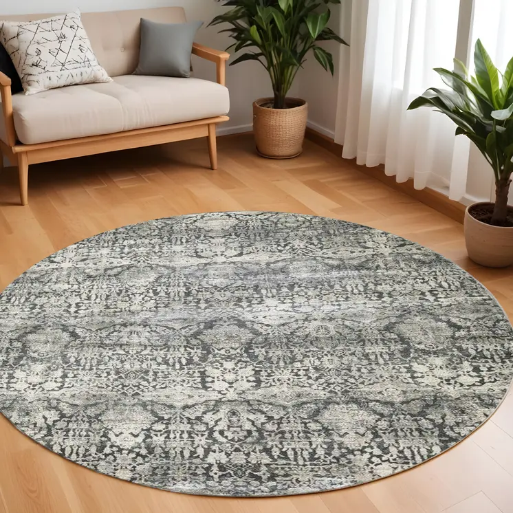 8' Light Gray And Dark Gray Abstract Distressed Round Rug