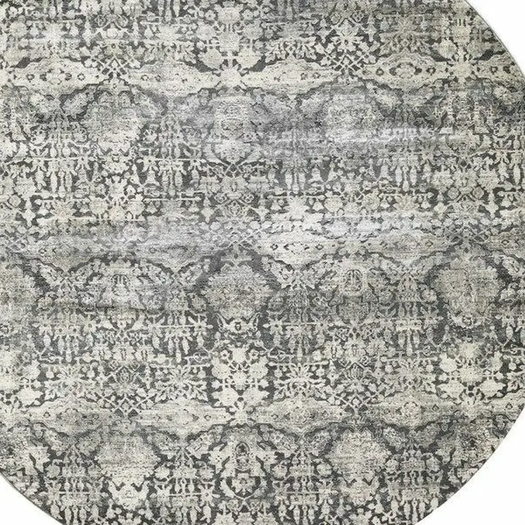 8' Light Gray And Dark Gray Abstract Distressed Round Rug