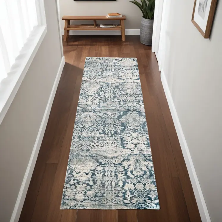 8' Teal Floral Runner Rug