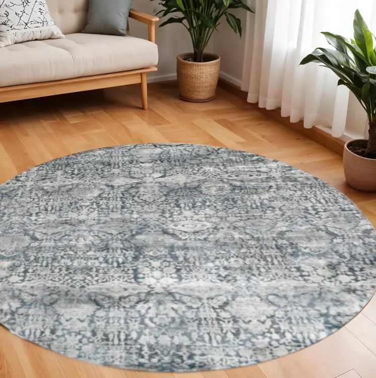 8' X 8' Teal And Ivory Floral Round Rug