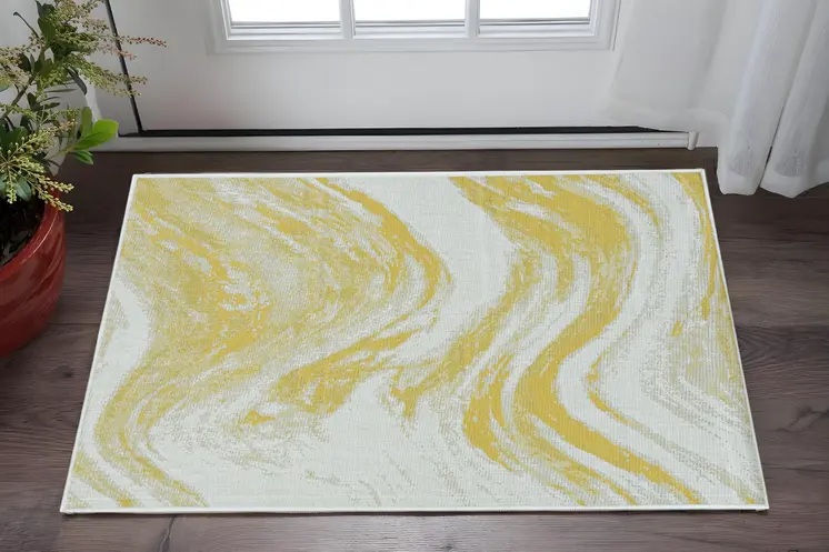 3' X 5' Gold and Ivory Abstract Area Rug