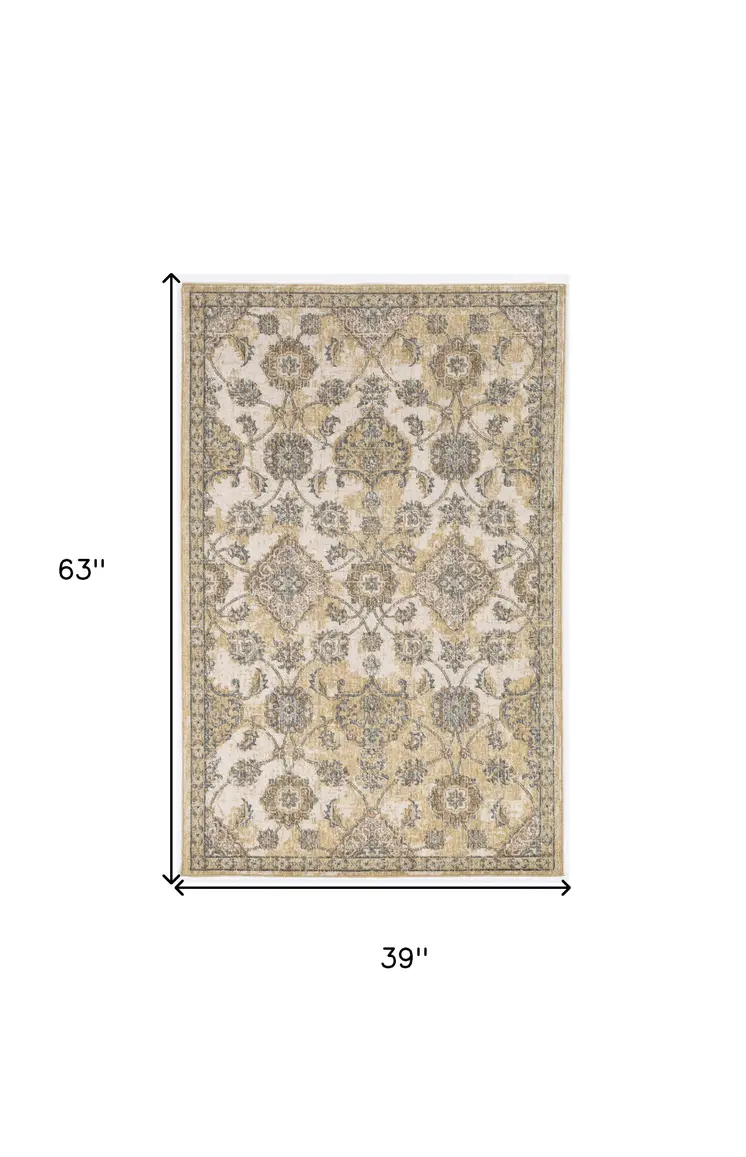3' X 5' Ivory Wool Floral Vines Area Rug