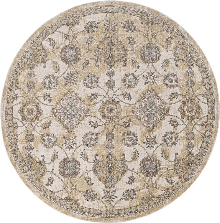 9' Ivory Round Wool Floral Vines Area Rug