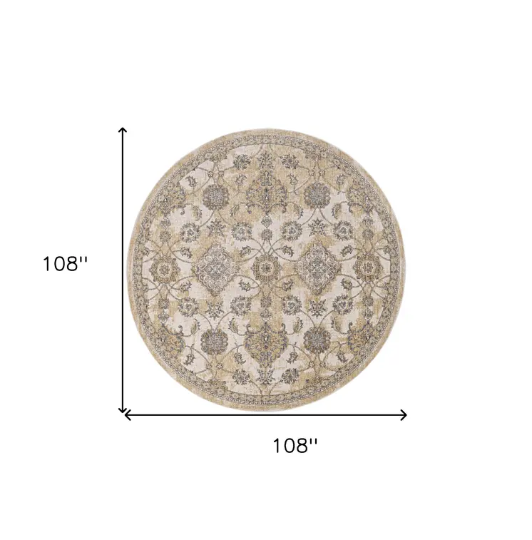 9' Ivory Round Wool Floral Vines Area Rug