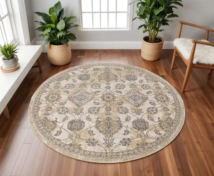 9' Ivory Round Wool Floral Vines Area Rug