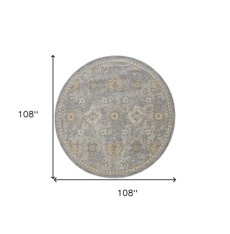 9' Sage Orange And Gray Wool Floral Distressed Round Rug
