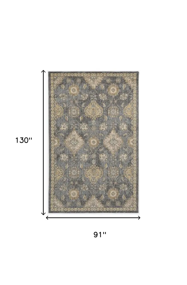 8' X 11' Gray And Gold Wool Floral Distressed Area Rug