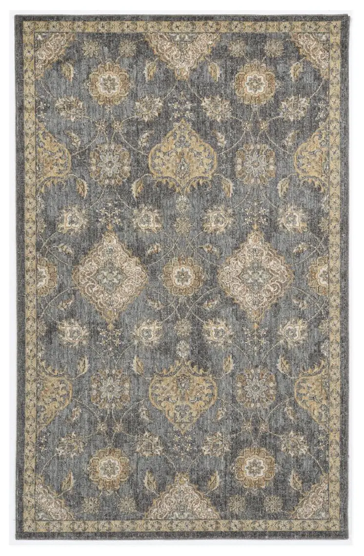 8' X 11' Gray And Gold Wool Floral Distressed Area Rug