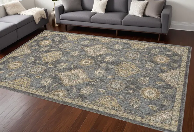 8' X 11' Gray And Gold Wool Floral Distressed Area Rug