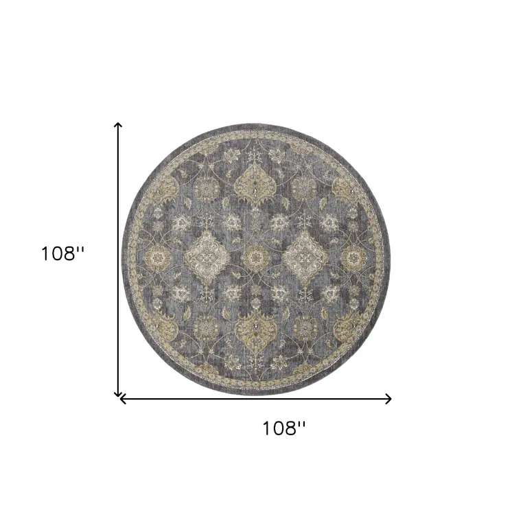 9' Gray And Gold Wool Floral Vines Distressed Round Rug
