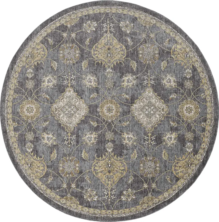 9' Gray And Gold Wool Floral Vines Distressed Round Rug