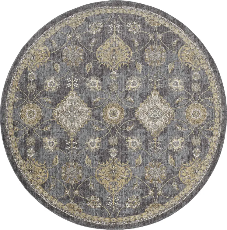 9' Gray And Gold Wool Floral Vines Distressed Round Rug