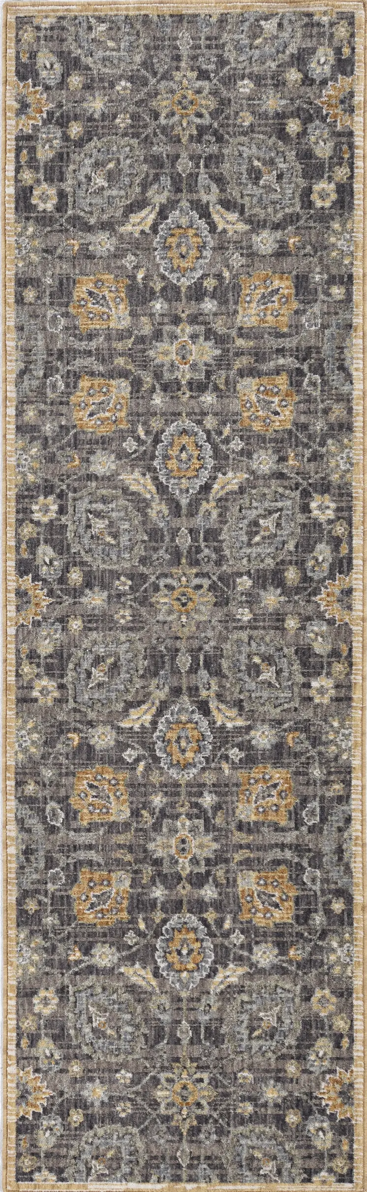 8' Taupe And Orange Wool Floral Distressed Runner Rug