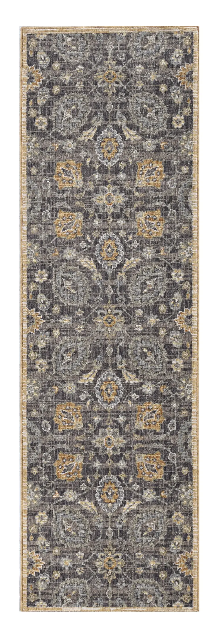 8' Taupe And Orange Wool Floral Distressed Runner Rug