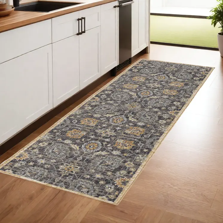 8' Taupe And Orange Wool Floral Distressed Runner Rug