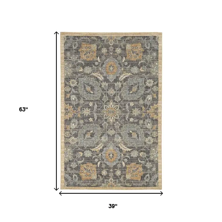 3' X 5' Taupe And Orange Wool Floral Distressed Area Rug