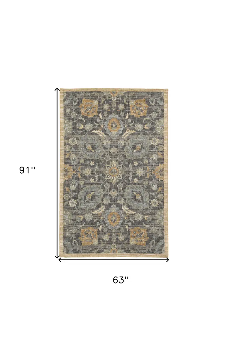 5' X 8' Taupe Orange And Gray Wool Floral Distressed Area Rug