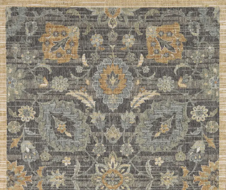 7' X 10' Black Orange And Gray Wool Floral Area Rug