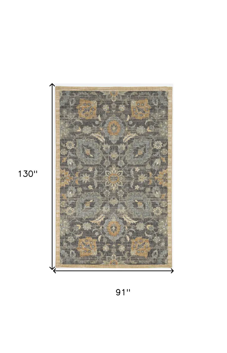 7' X 10' Black Orange And Gray Wool Floral Area Rug